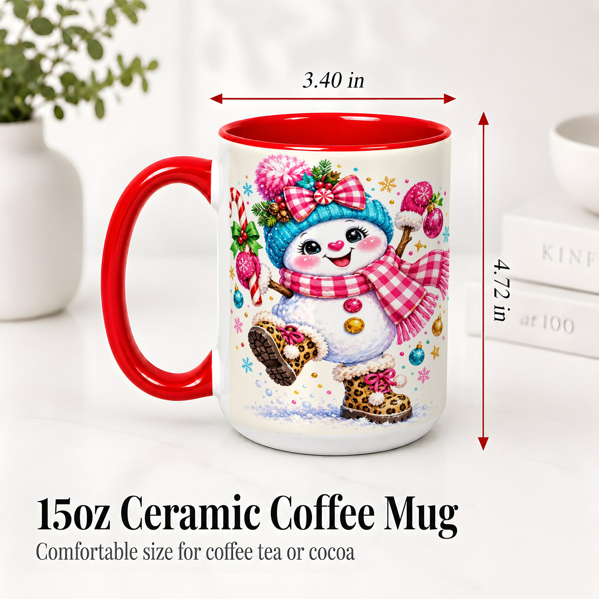 #pl[15oz|Red] Playful Snowman Ceramic Mug, Pink Plaid Christmas Character Art