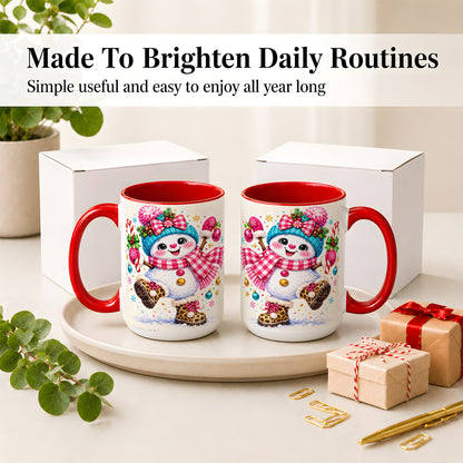 #pl[15oz|Red] Playful Snowman Ceramic Mug, Pink Plaid Christmas Character Art