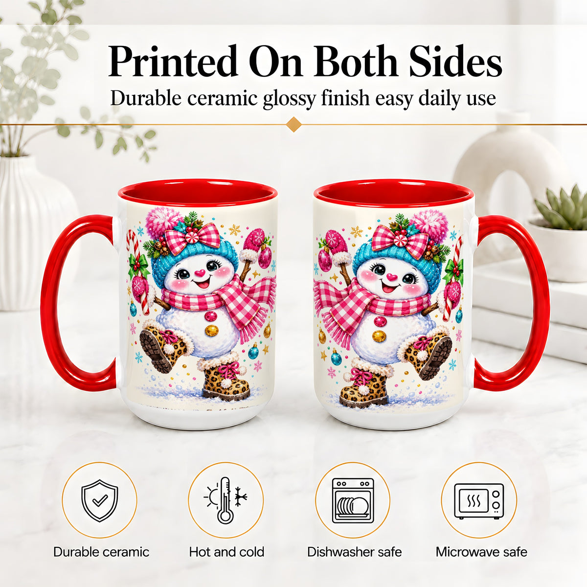 #pl[15oz|Red] Playful Snowman Ceramic Mug, Pink Plaid Christmas Character Art
