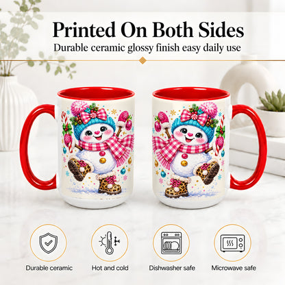 #pl[15oz|Red] Playful Snowman Ceramic Mug, Pink Plaid Christmas Character Art