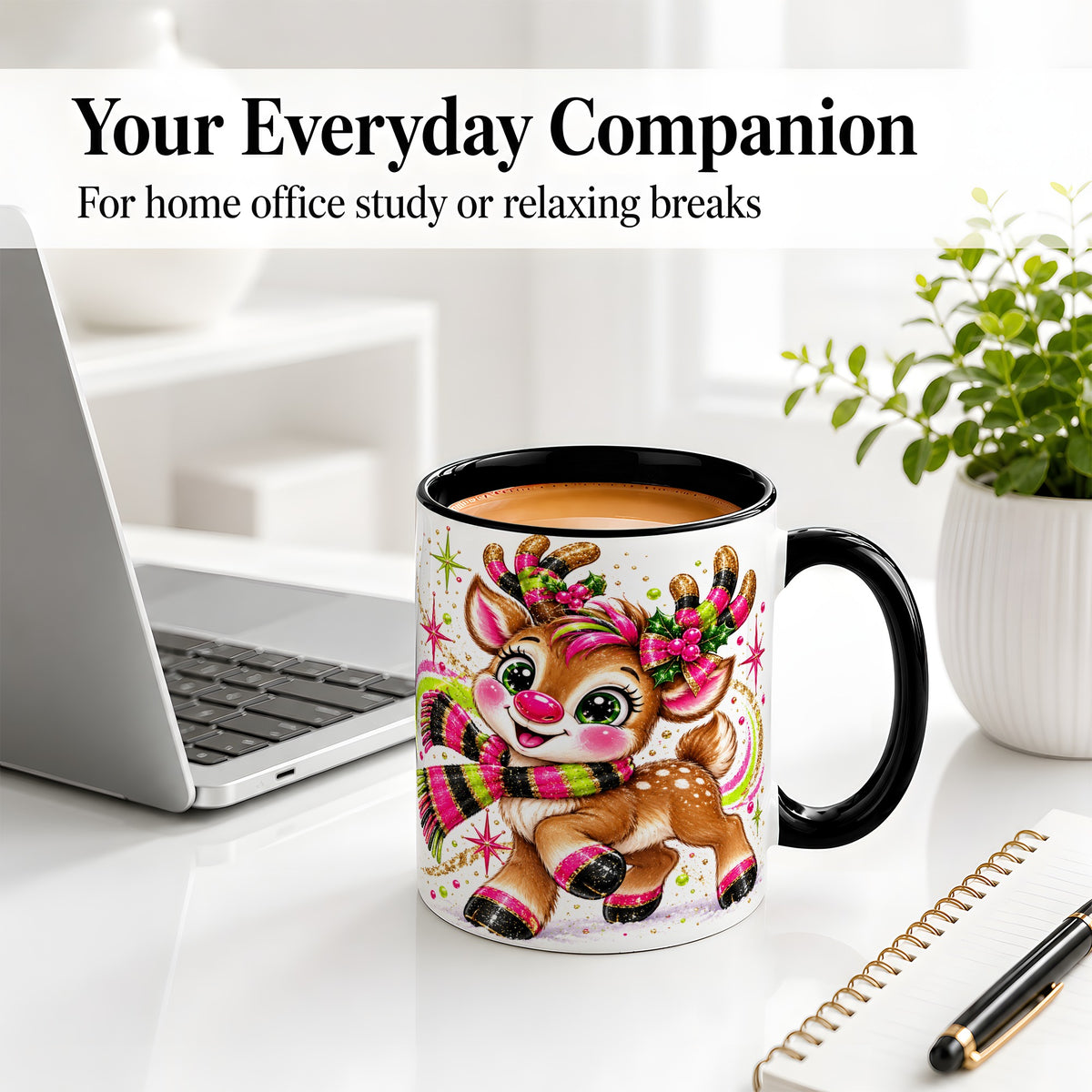 #pl[11oz|Black] Bright Christmas Reindeer Accent Mug, Ceramic Mug for Coffee and Tea
