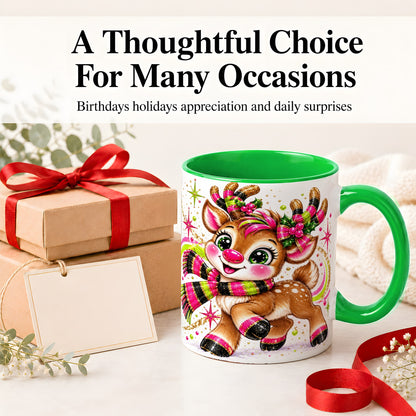 #pl[11oz|Green] Bright Christmas Reindeer Accent Mug, Ceramic Mug for Coffee and Tea