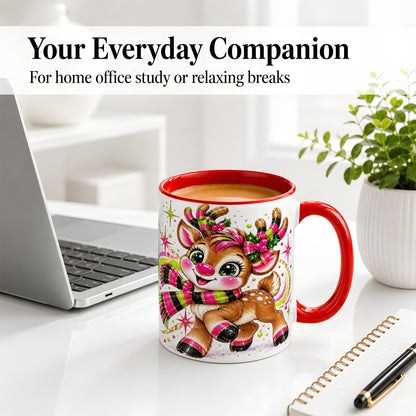 #pl[11oz|Red] Bright Christmas Reindeer Accent Mug, Ceramic Mug for Coffee and Tea