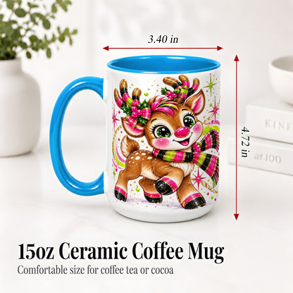 #pl[15oz|Blue] Bright Christmas Reindeer Accent Mug, Ceramic Mug for Coffee and Tea
