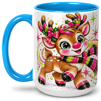 #pl[15oz|Blue] Bright Christmas Reindeer Accent Mug, Ceramic Mug for Coffee and Tea