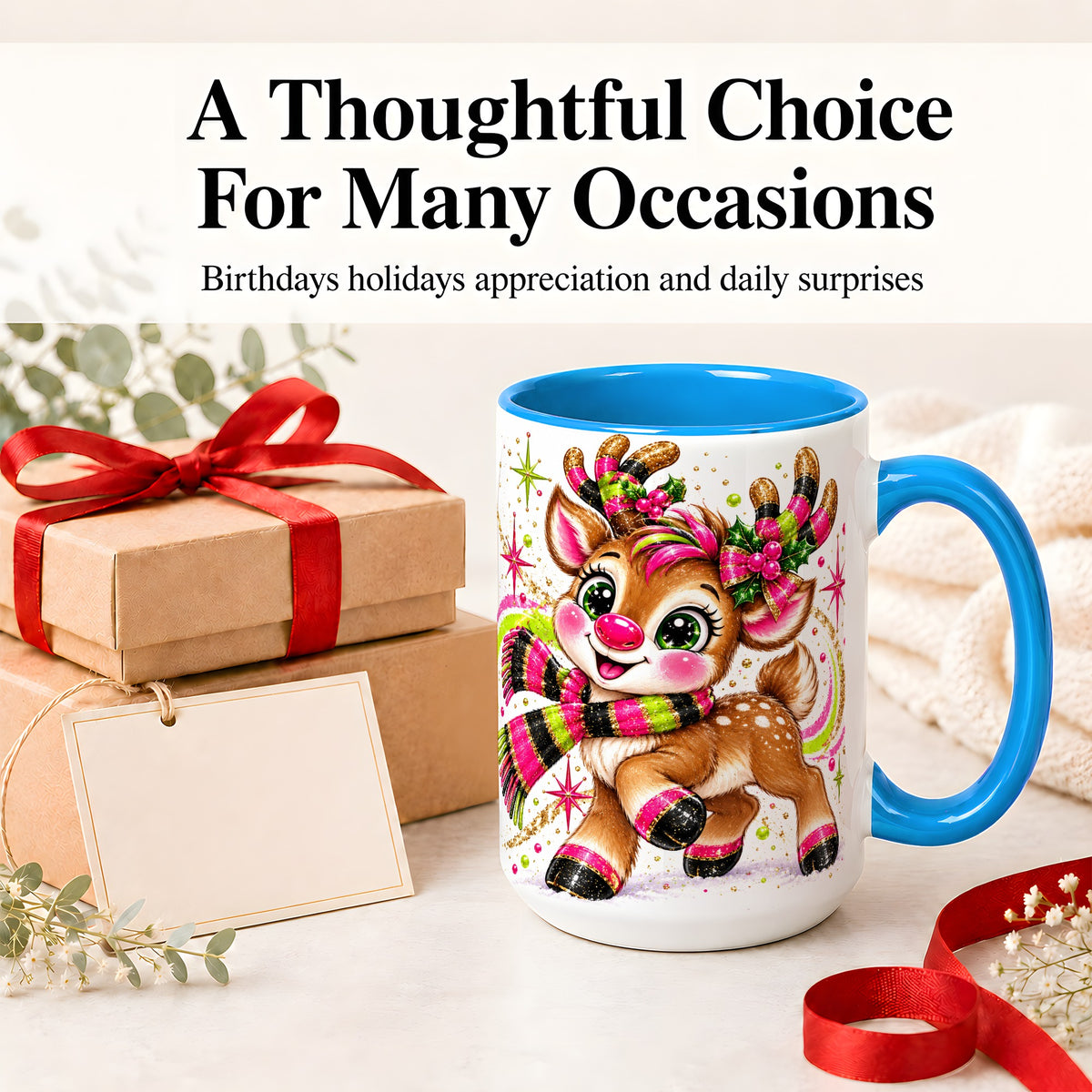 #pl[15oz|Blue] Bright Christmas Reindeer Accent Mug, Ceramic Mug for Coffee and Tea