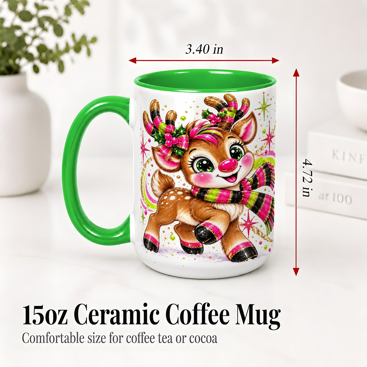 #pl[15oz|Green] Bright Christmas Reindeer Accent Mug, Ceramic Mug for Coffee and Tea
