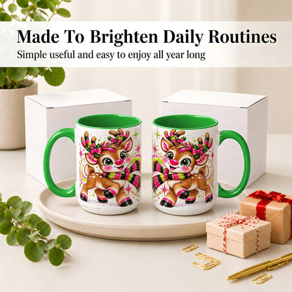 #pl[15oz|Green] Bright Christmas Reindeer Accent Mug, Ceramic Mug for Coffee and Tea