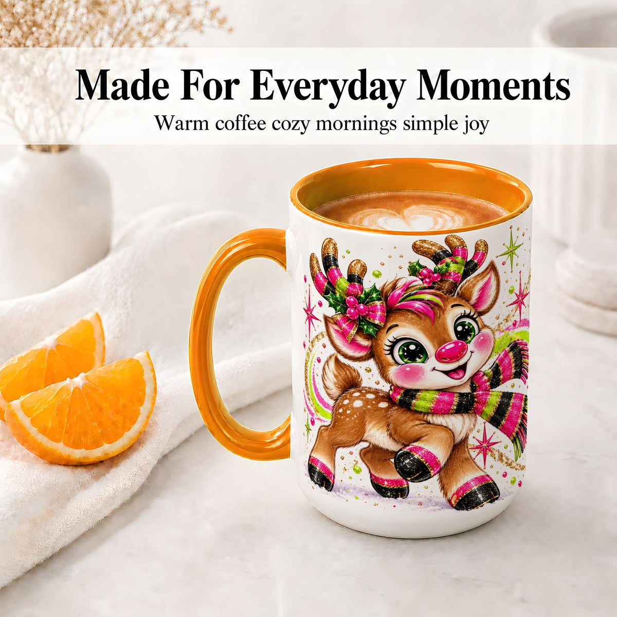 #pl[15oz|Orange] Bright Christmas Reindeer Accent Mug, Ceramic Mug for Coffee and Tea