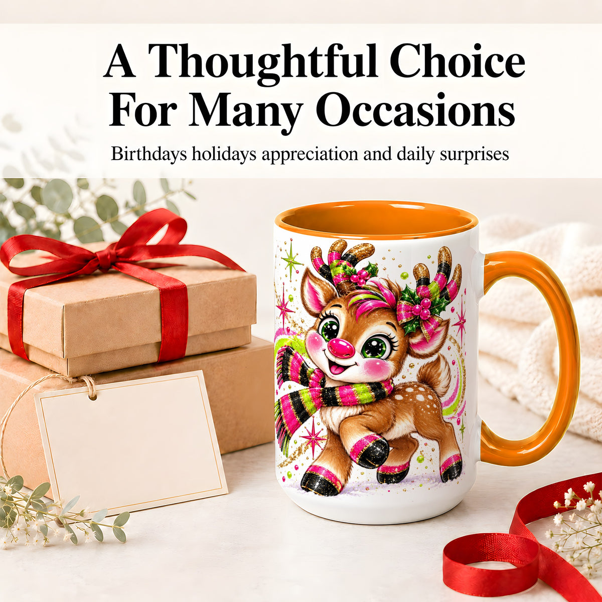 #pl[15oz|Orange] Bright Christmas Reindeer Accent Mug, Ceramic Mug for Coffee and Tea