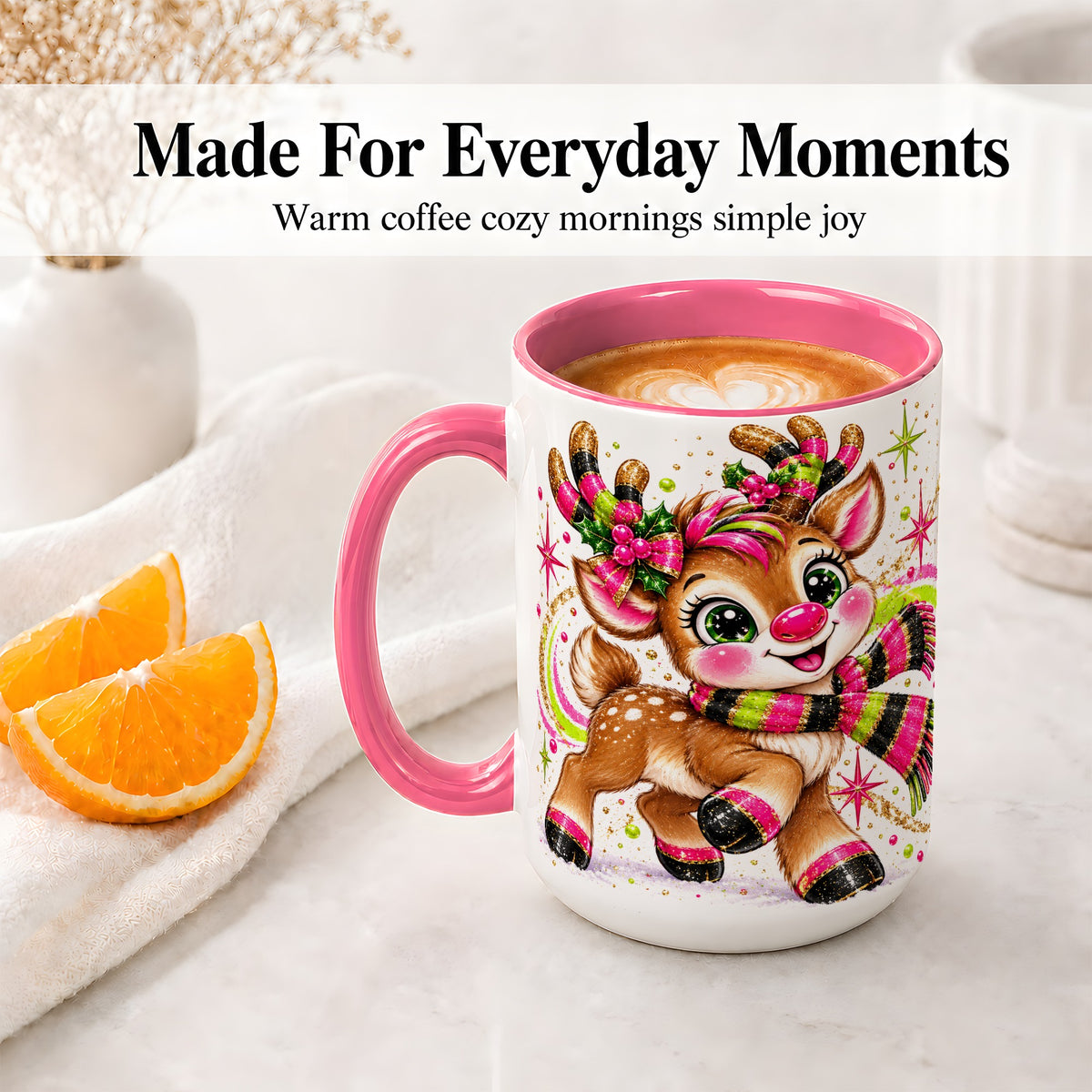 #pl[15oz|Pink] Bright Christmas Reindeer Accent Mug, Ceramic Mug for Coffee and Tea