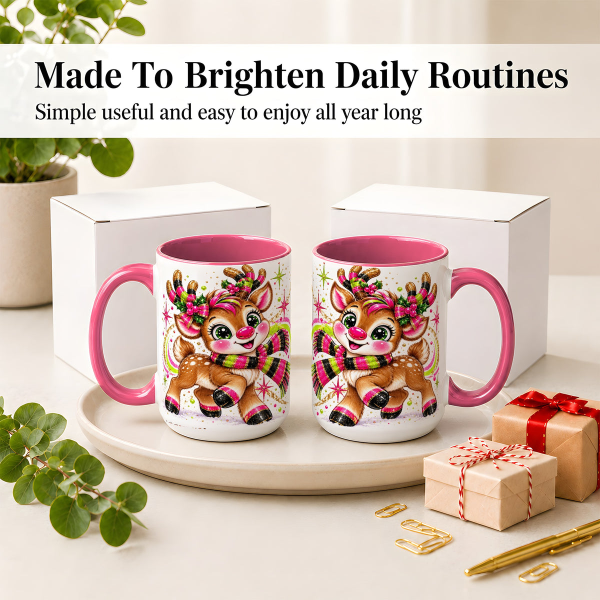#pl[15oz|Pink] Bright Christmas Reindeer Accent Mug, Ceramic Mug for Coffee and Tea