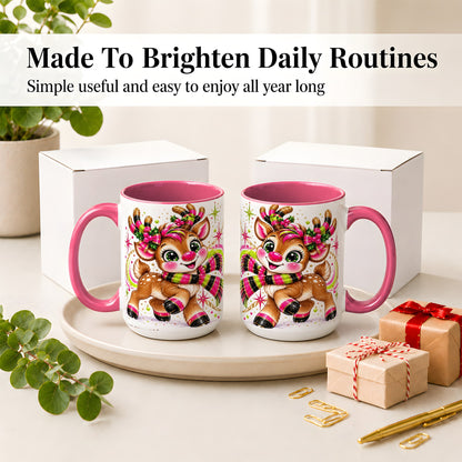 #pl[15oz|Pink] Bright Christmas Reindeer Accent Mug, Ceramic Mug for Coffee and Tea