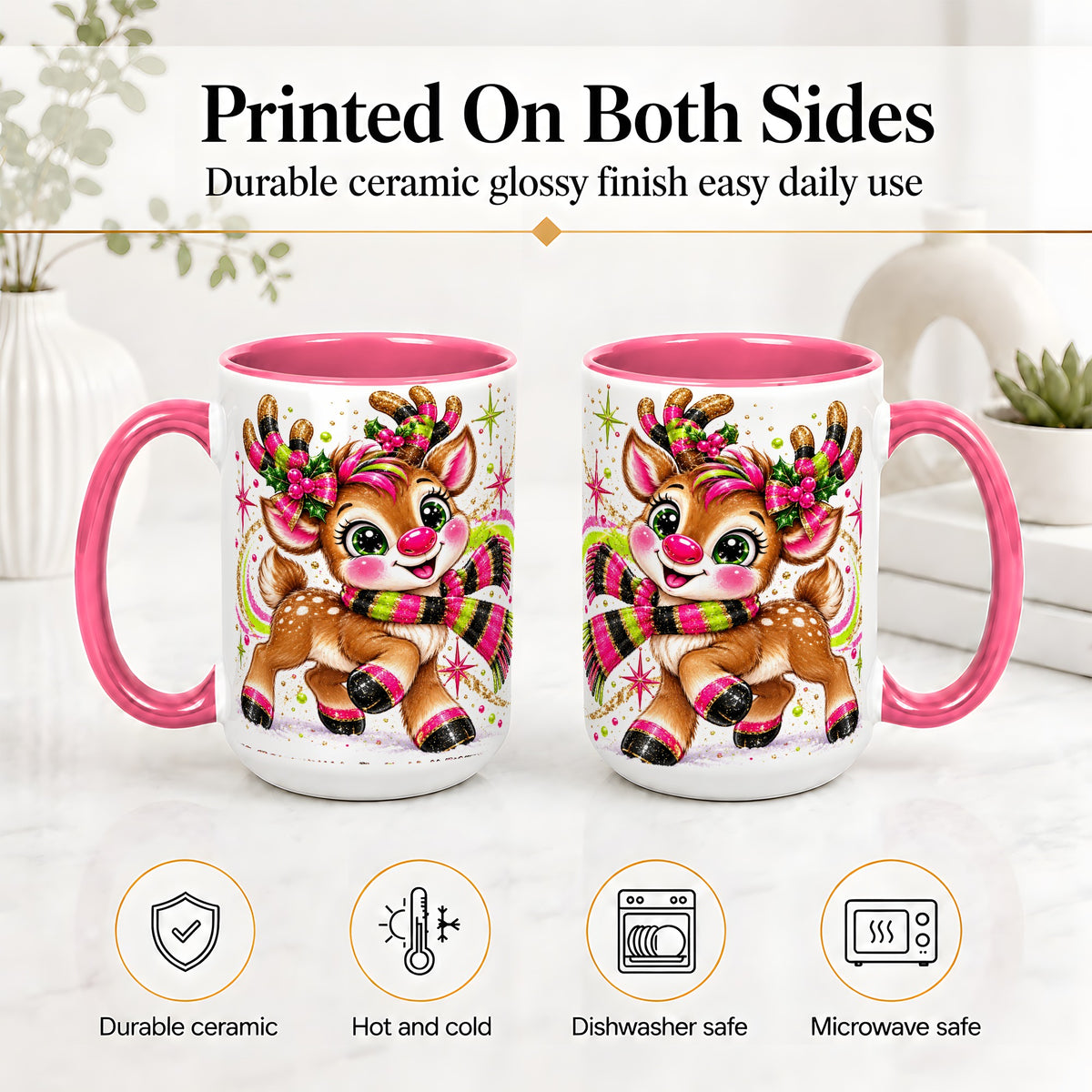 #pl[15oz|Pink] Bright Christmas Reindeer Accent Mug, Ceramic Mug for Coffee and Tea