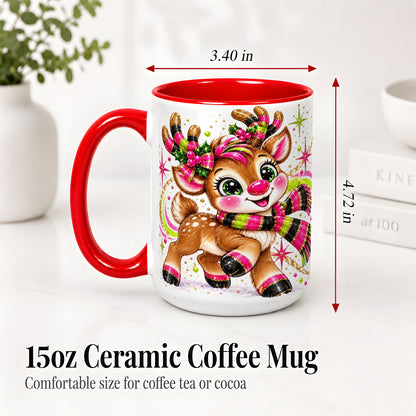 #pl[15oz|Red] Bright Christmas Reindeer Accent Mug, Ceramic Mug for Coffee and Tea