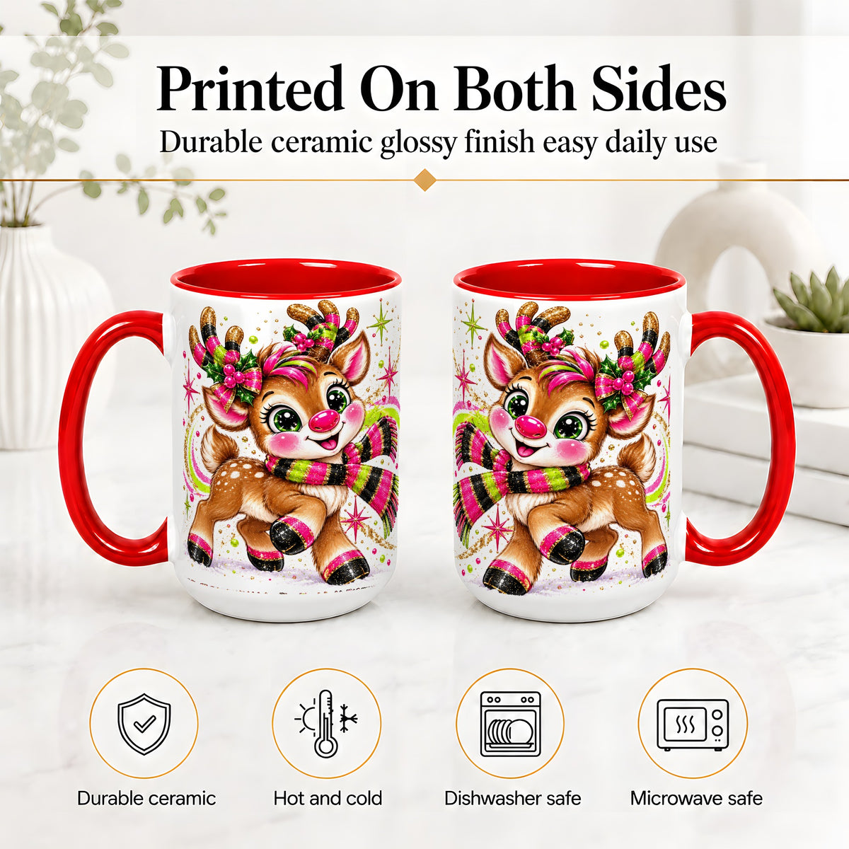 #pl[15oz|Red] Bright Christmas Reindeer Accent Mug, Ceramic Mug for Coffee and Tea