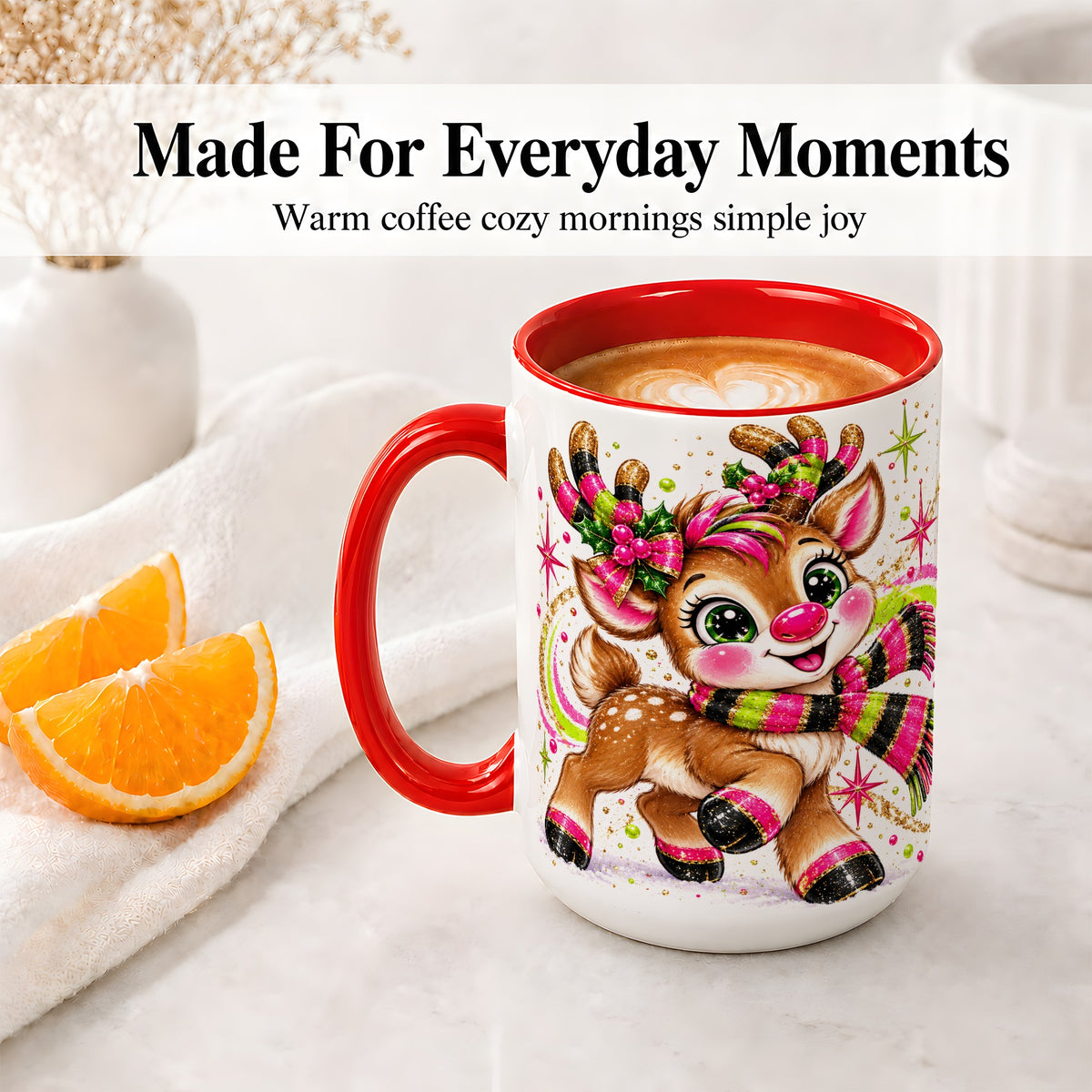 #pl[15oz|Red] Bright Christmas Reindeer Accent Mug, Ceramic Mug for Coffee and Tea