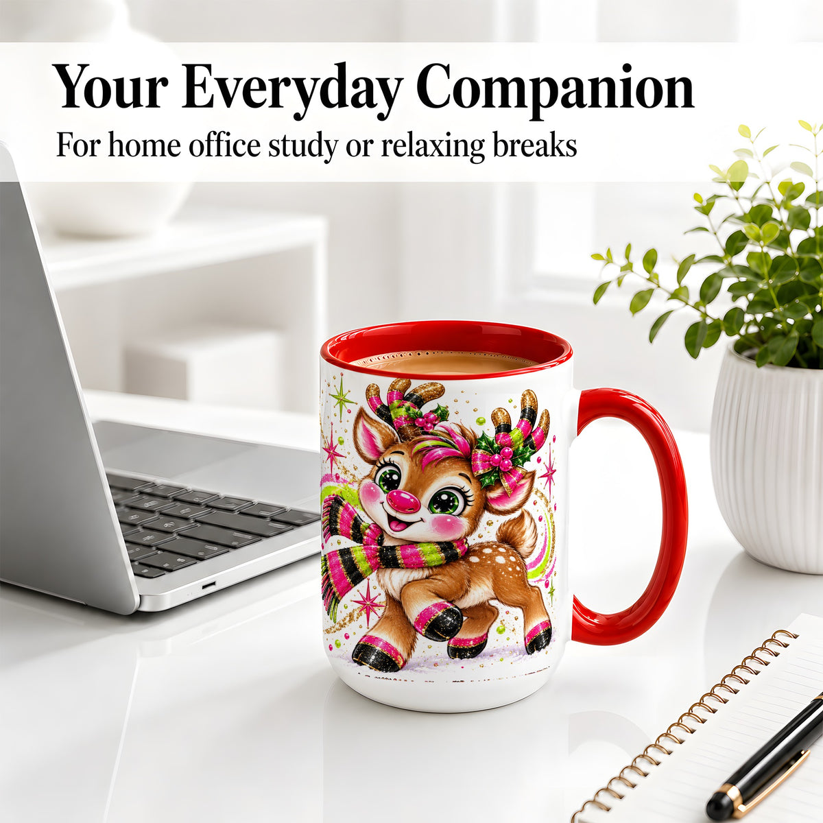 #pl[15oz|Red] Bright Christmas Reindeer Accent Mug, Ceramic Mug for Coffee and Tea