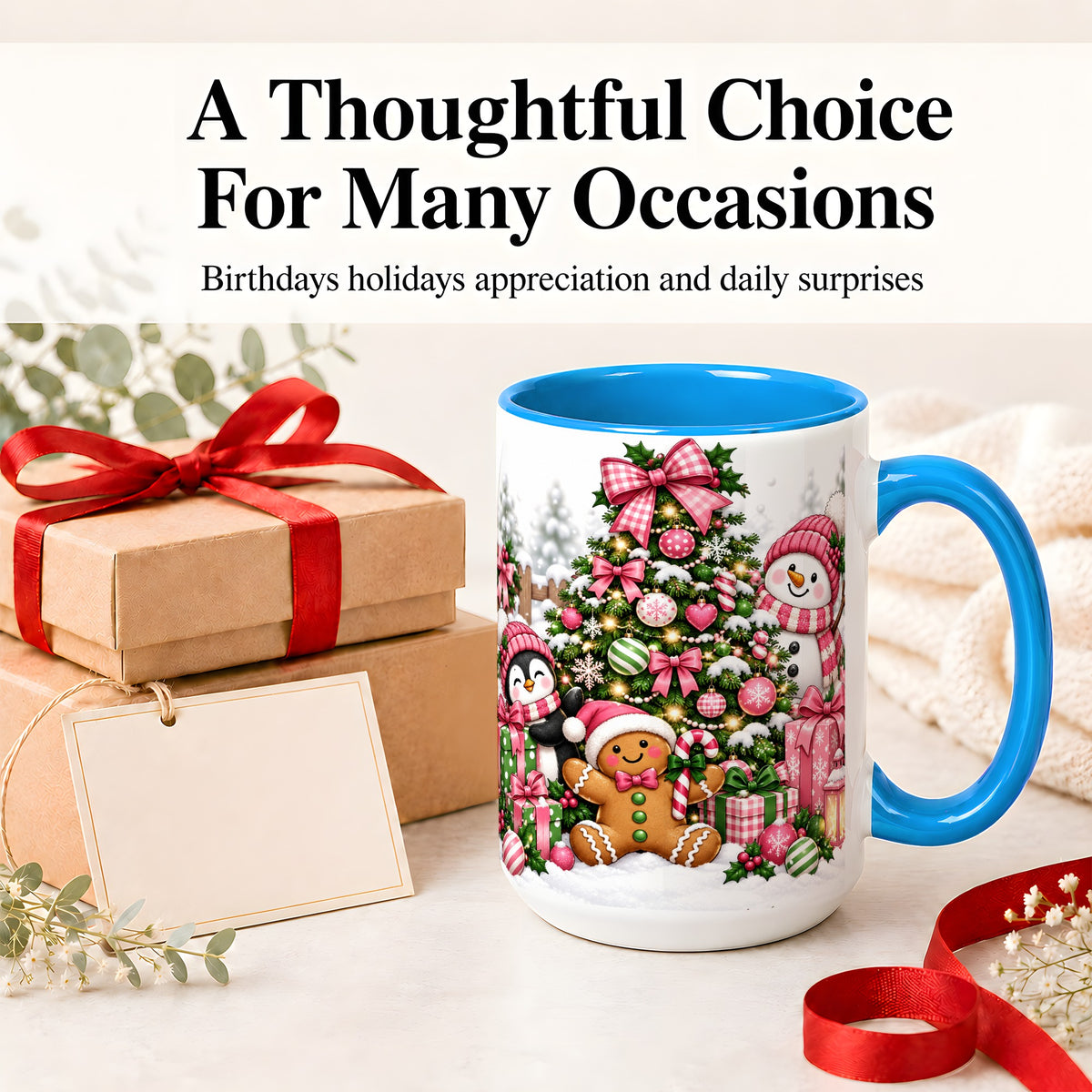 #pl[15oz|Blue] Cute Christmas Characters Accent Mug, Ceramic Mug for Coffee and Tea