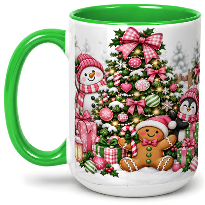 #pl[15oz|Green] Cute Christmas Characters Accent Mug, Ceramic Mug for Coffee and Tea