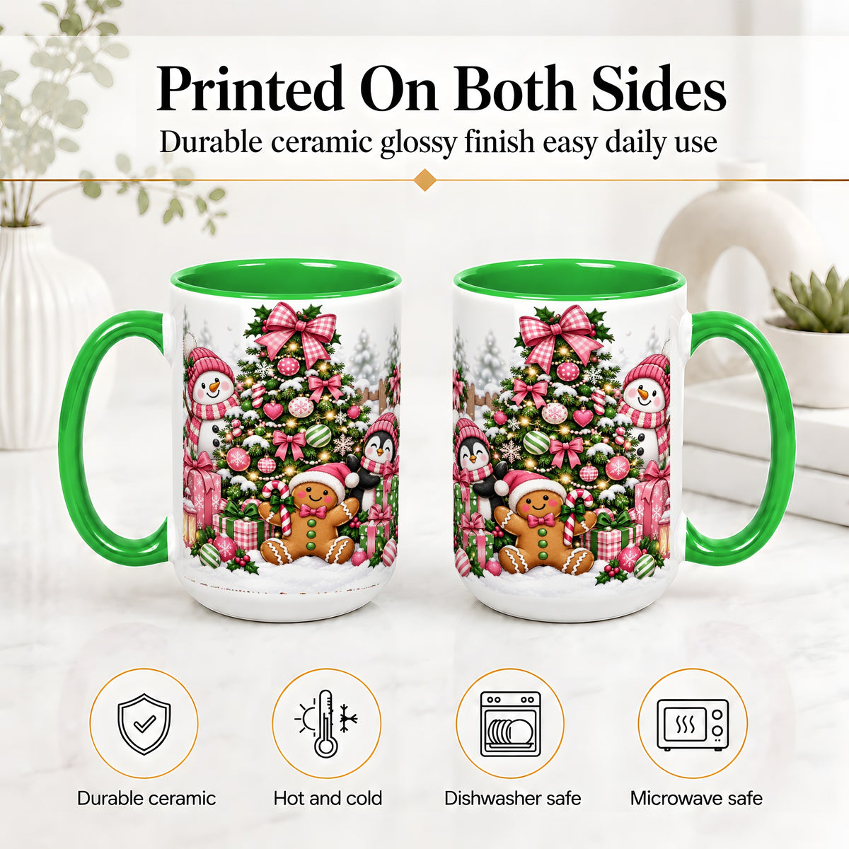 #pl[15oz|Green] Cute Christmas Characters Accent Mug, Ceramic Mug for Coffee and Tea