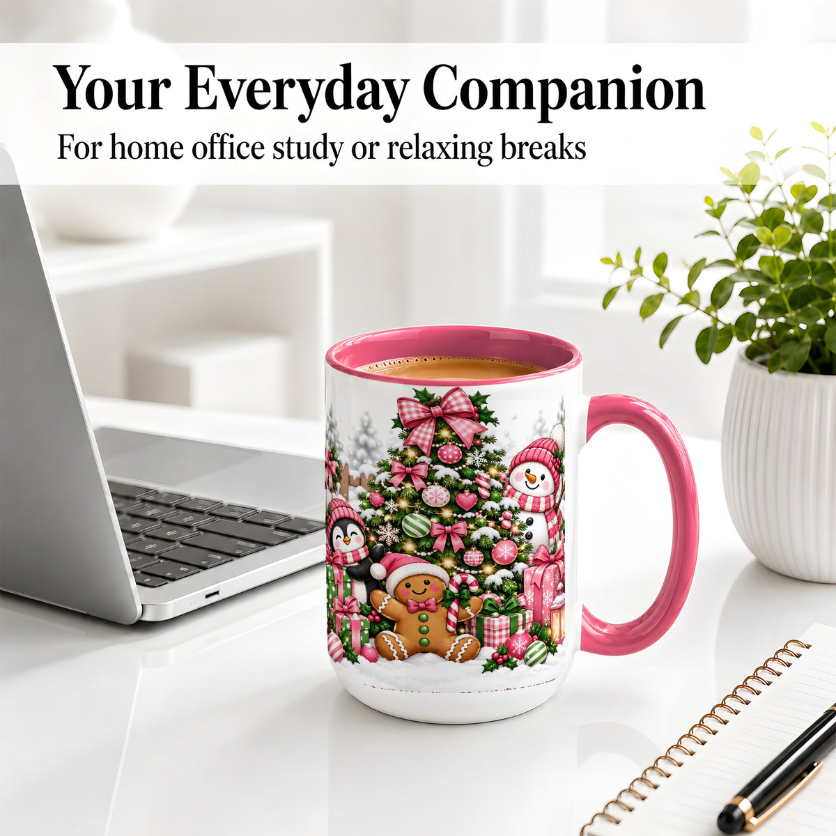 #pl[15oz|Pink] Cute Christmas Characters Accent Mug, Ceramic Mug for Coffee and Tea