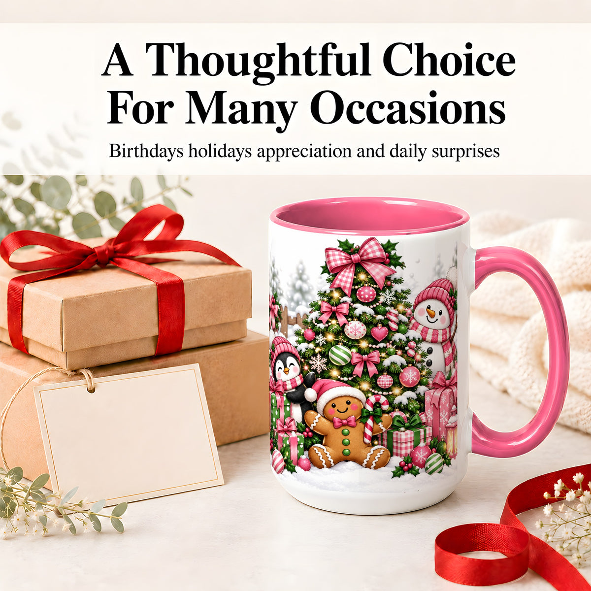 #pl[15oz|Pink] Cute Christmas Characters Accent Mug, Ceramic Mug for Coffee and Tea