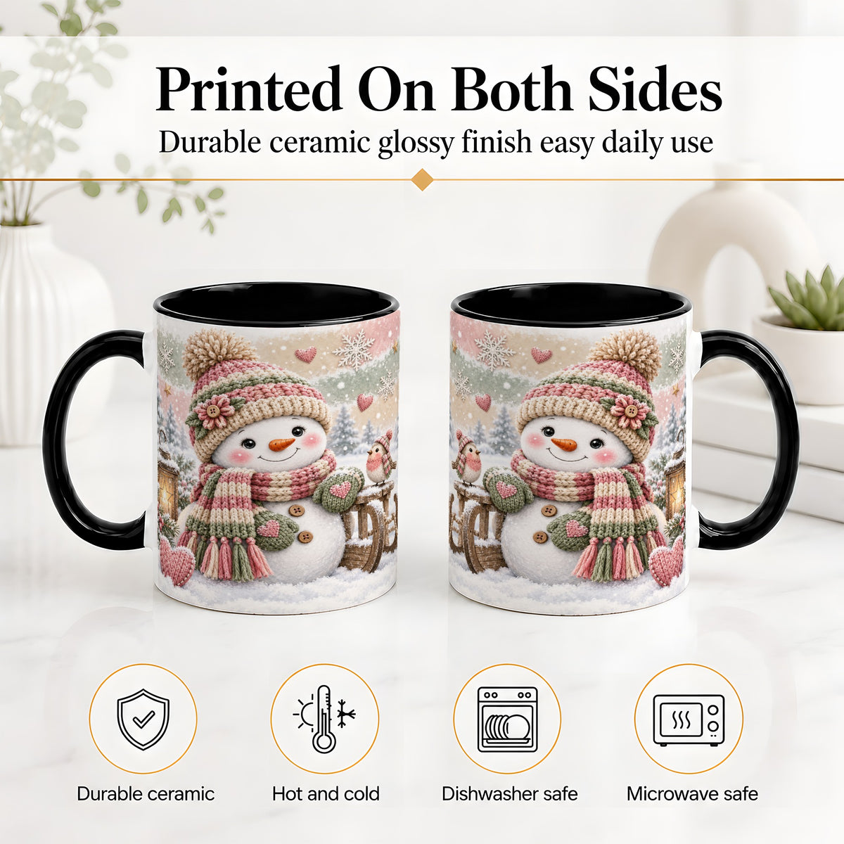 #pl[11oz|Black] Cozy Winter Snowman Accent Mug, Ceramic Mug for Coffee and Cocoa