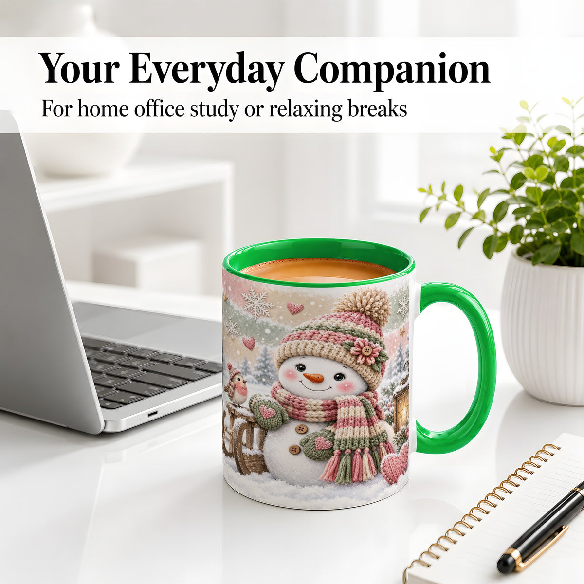 #pl[11oz|Green] Cozy Winter Snowman Accent Mug, Ceramic Mug for Coffee and Cocoa