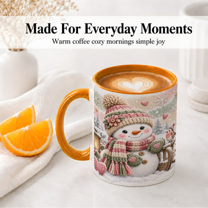 #pl[11oz|Orange] Cozy Winter Snowman Accent Mug, Ceramic Mug for Coffee and Cocoa