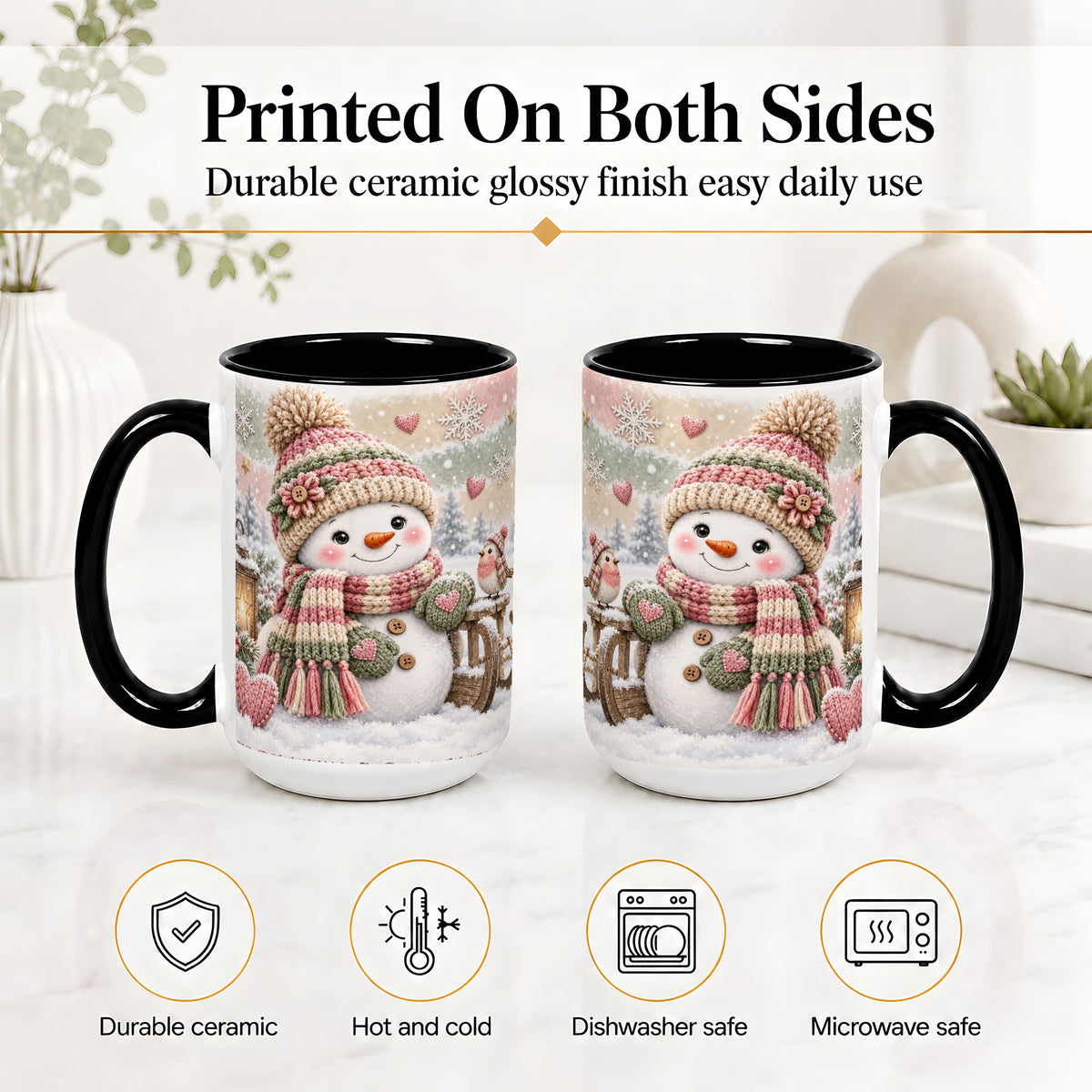 #pl[15oz|Black] Cozy Winter Snowman Accent Mug, Ceramic Mug for Coffee and Cocoa