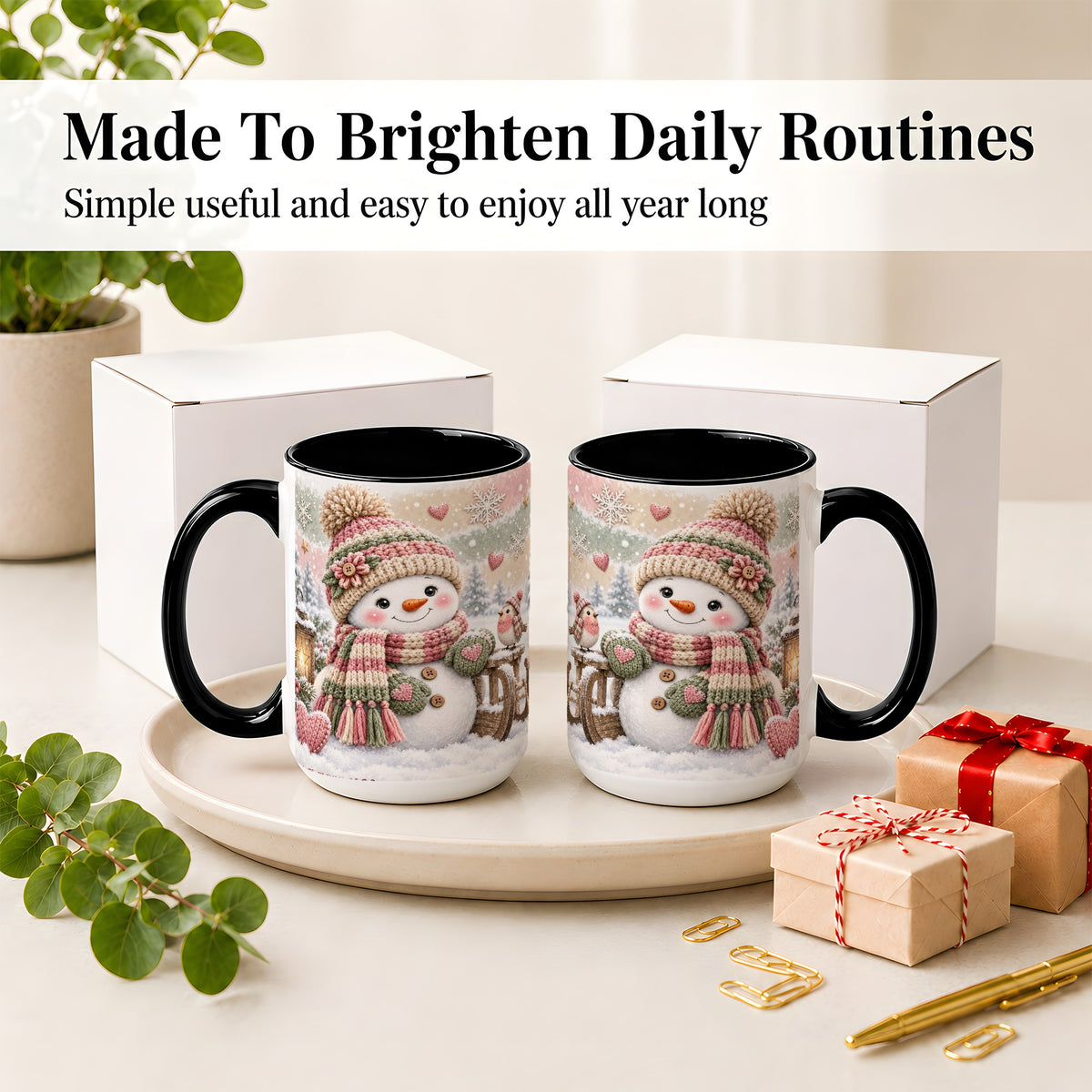#pl[15oz|Black] Cozy Winter Snowman Accent Mug, Ceramic Mug for Coffee and Cocoa