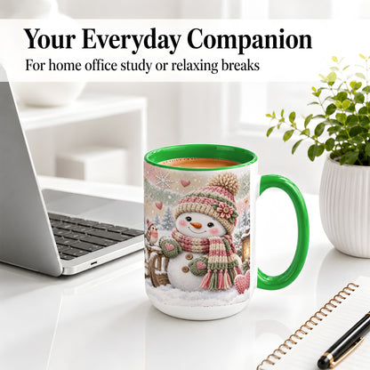 #pl[15oz|Green] Cozy Winter Snowman Accent Mug, Ceramic Mug for Coffee and Cocoa