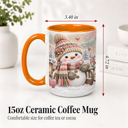 #pl[15oz|Orange] Cozy Winter Snowman Accent Mug, Ceramic Mug for Coffee and Cocoa