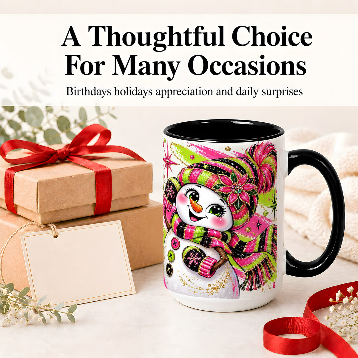 #pl[15oz|Black] Bold Neon Snowman Accent Mug, Ceramic Mug for Coffee and Cocoa