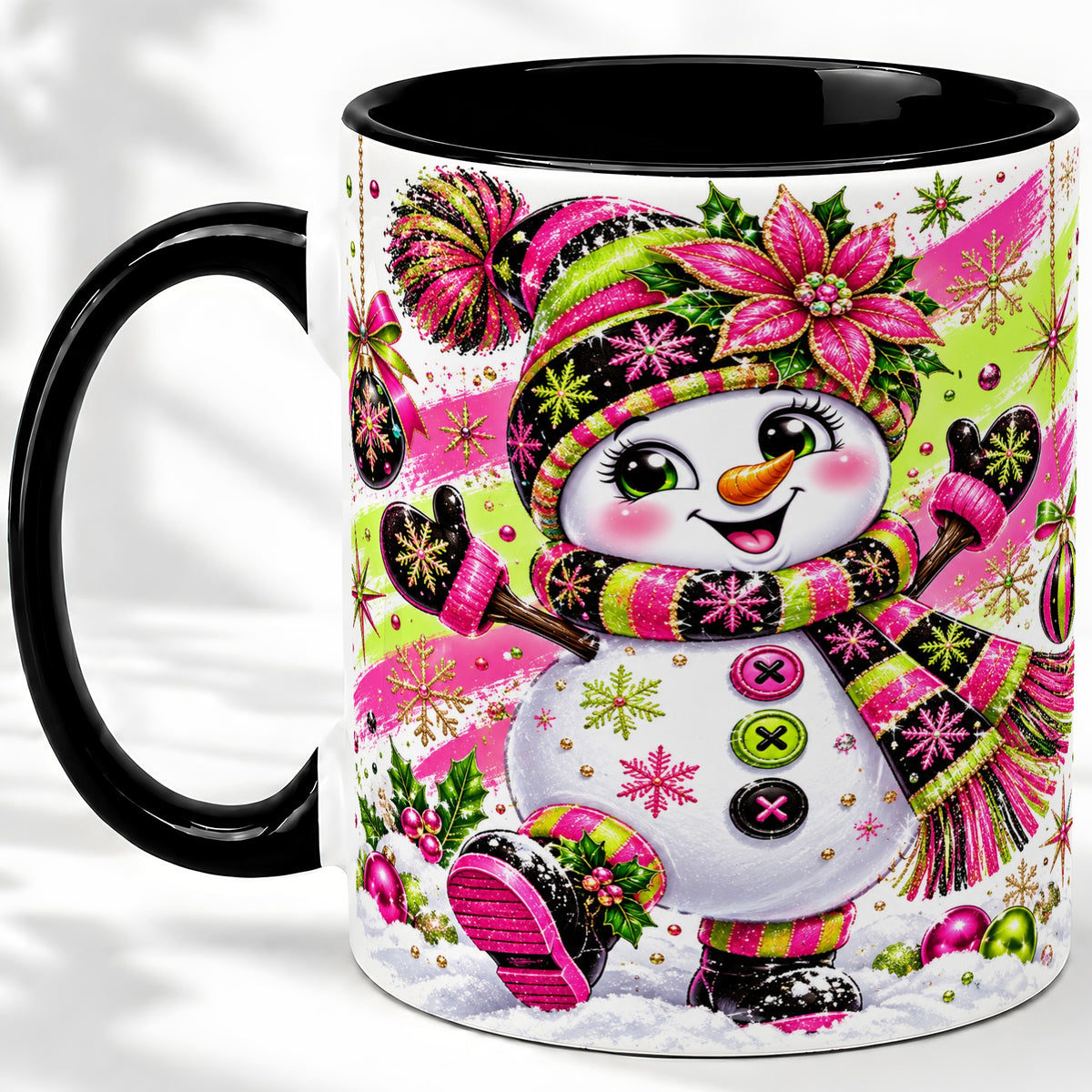 #pl[11oz|Black] Colorful Christmas Snowman Ceramic Mug, Mug with Festive Artwork