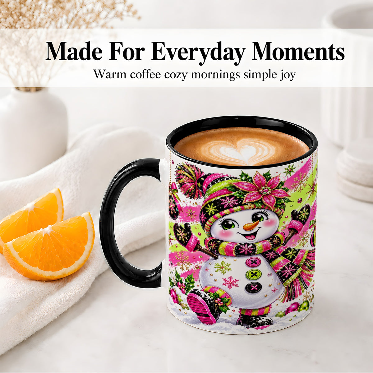 #pl[11oz|Black] Colorful Christmas Snowman Ceramic Mug, Mug with Festive Artwork