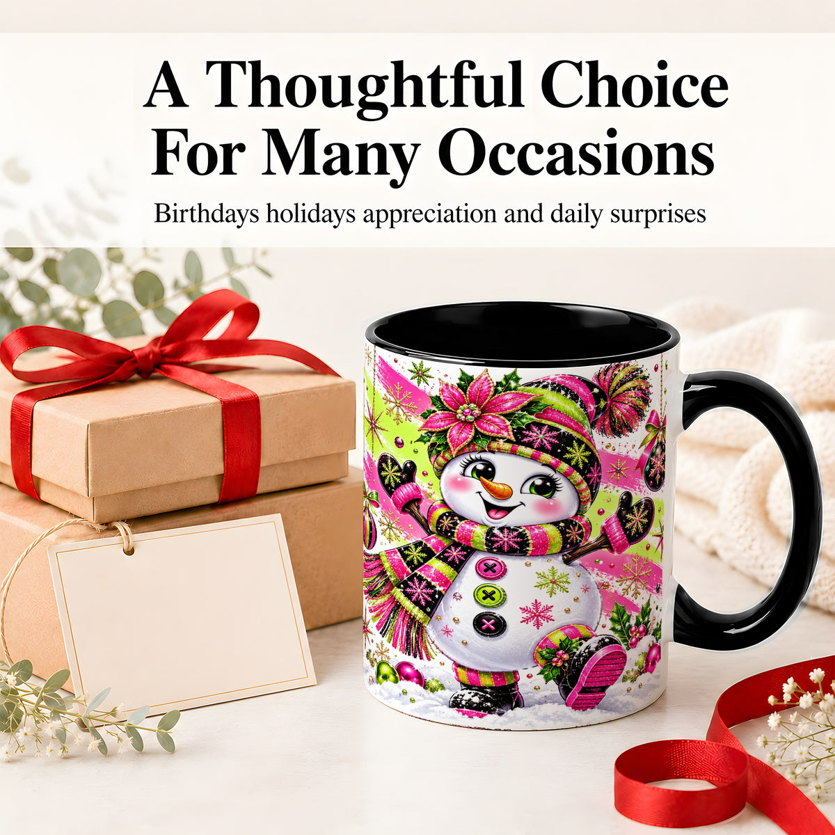 #pl[11oz|Black] Colorful Christmas Snowman Ceramic Mug, Mug with Festive Artwork