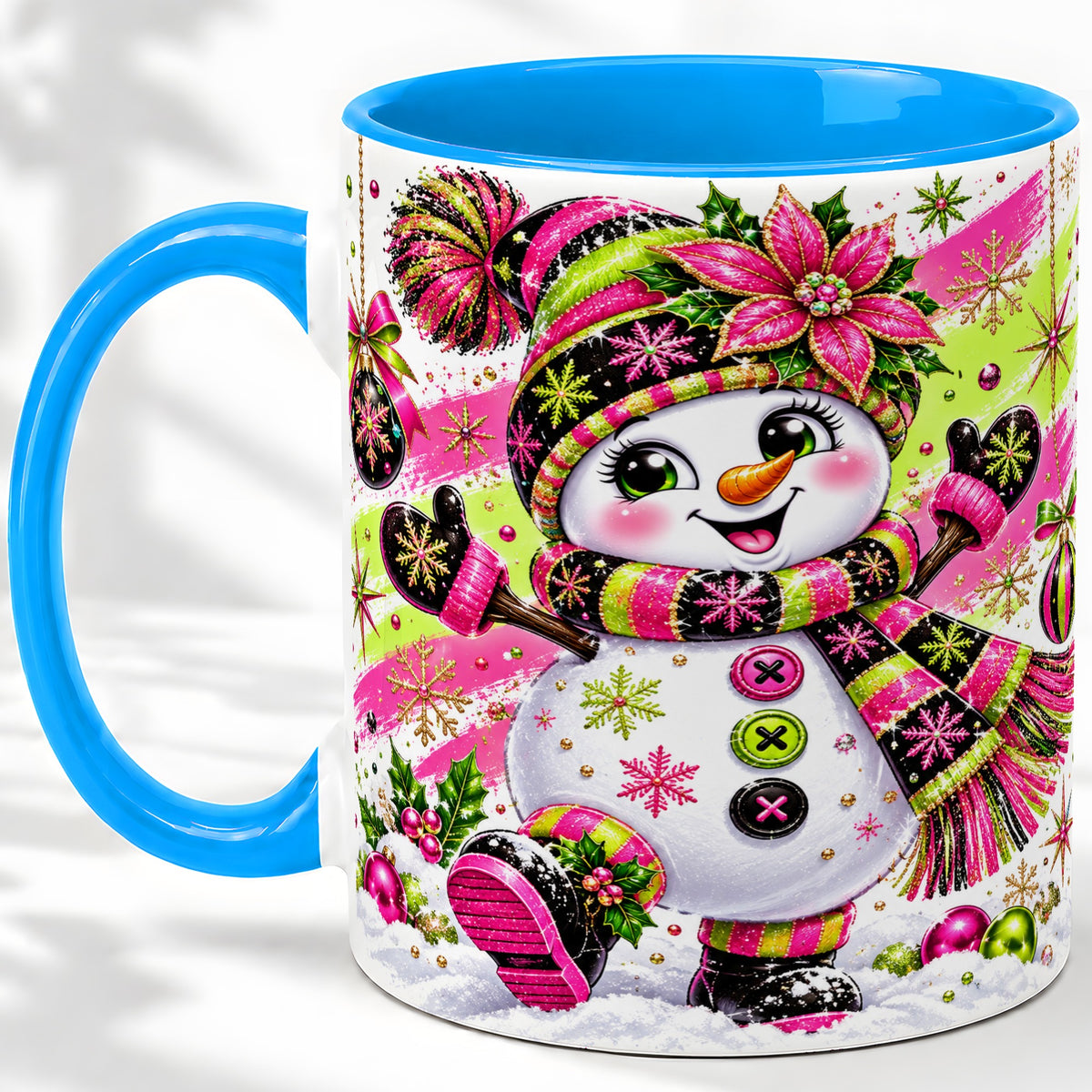 #pl[11oz|Blue] Colorful Christmas Snowman Ceramic Mug, Mug with Festive Artwork