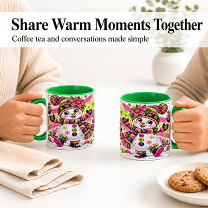 #pl[11oz|Green] Colorful Christmas Snowman Ceramic Mug, Mug with Festive Artwork