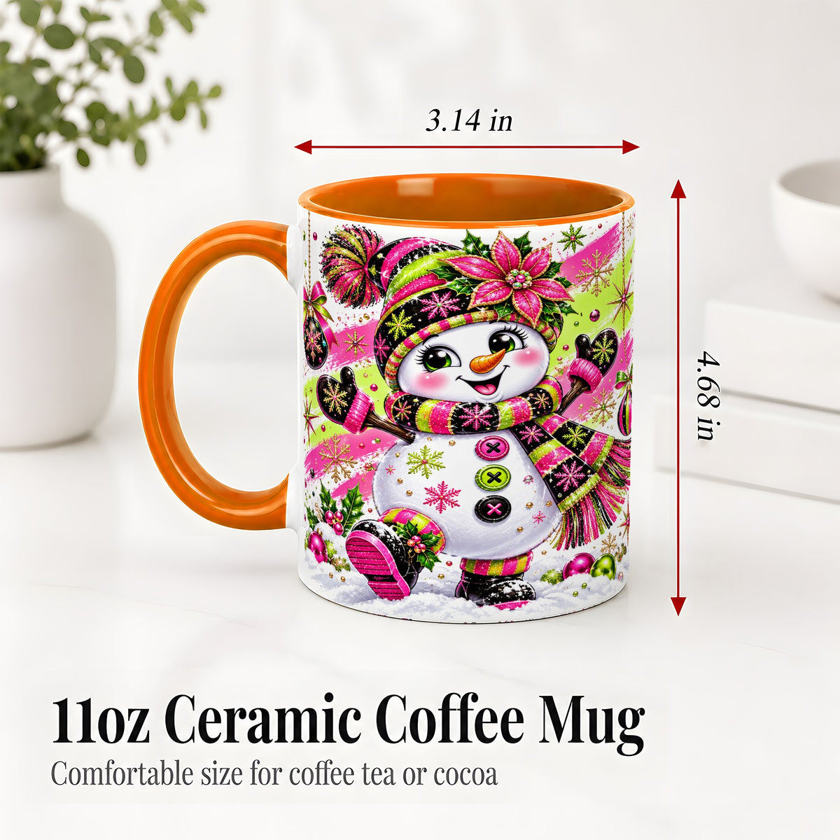 #pl[11oz|Orange] Colorful Christmas Snowman Ceramic Mug, Mug with Festive Artwork