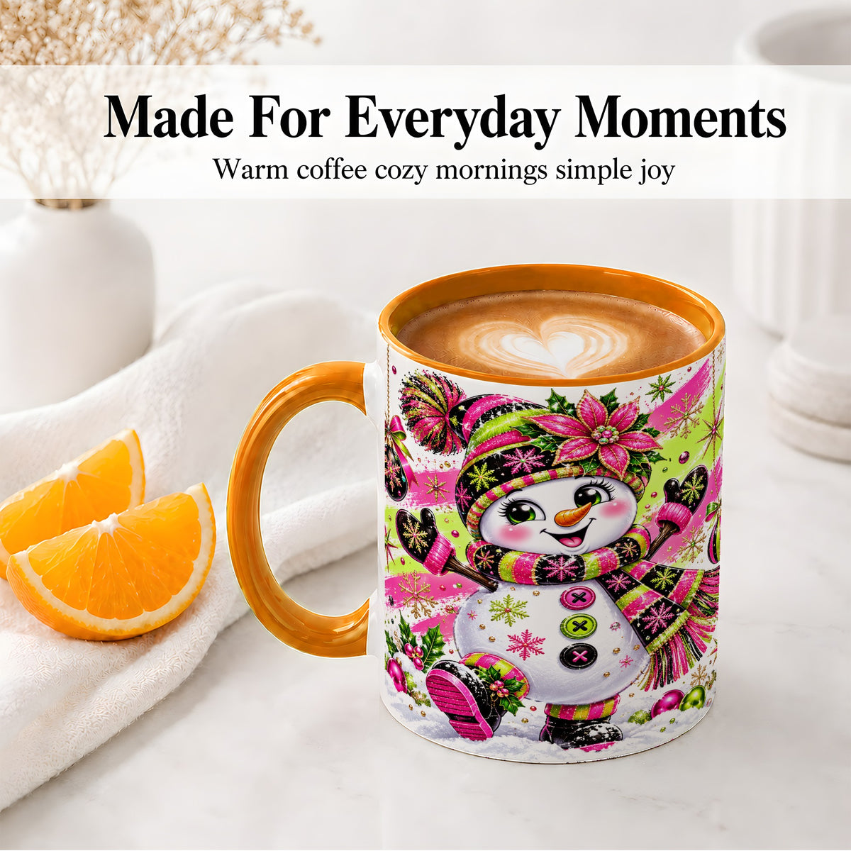 #pl[11oz|Orange] Colorful Christmas Snowman Ceramic Mug, Mug with Festive Artwork