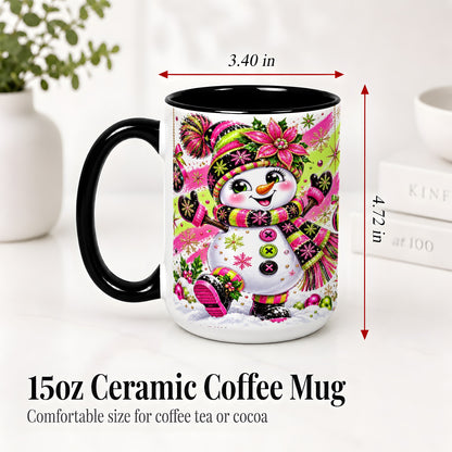 #pl[15oz|Black] Colorful Christmas Snowman Ceramic Mug, Mug with Festive Artwork