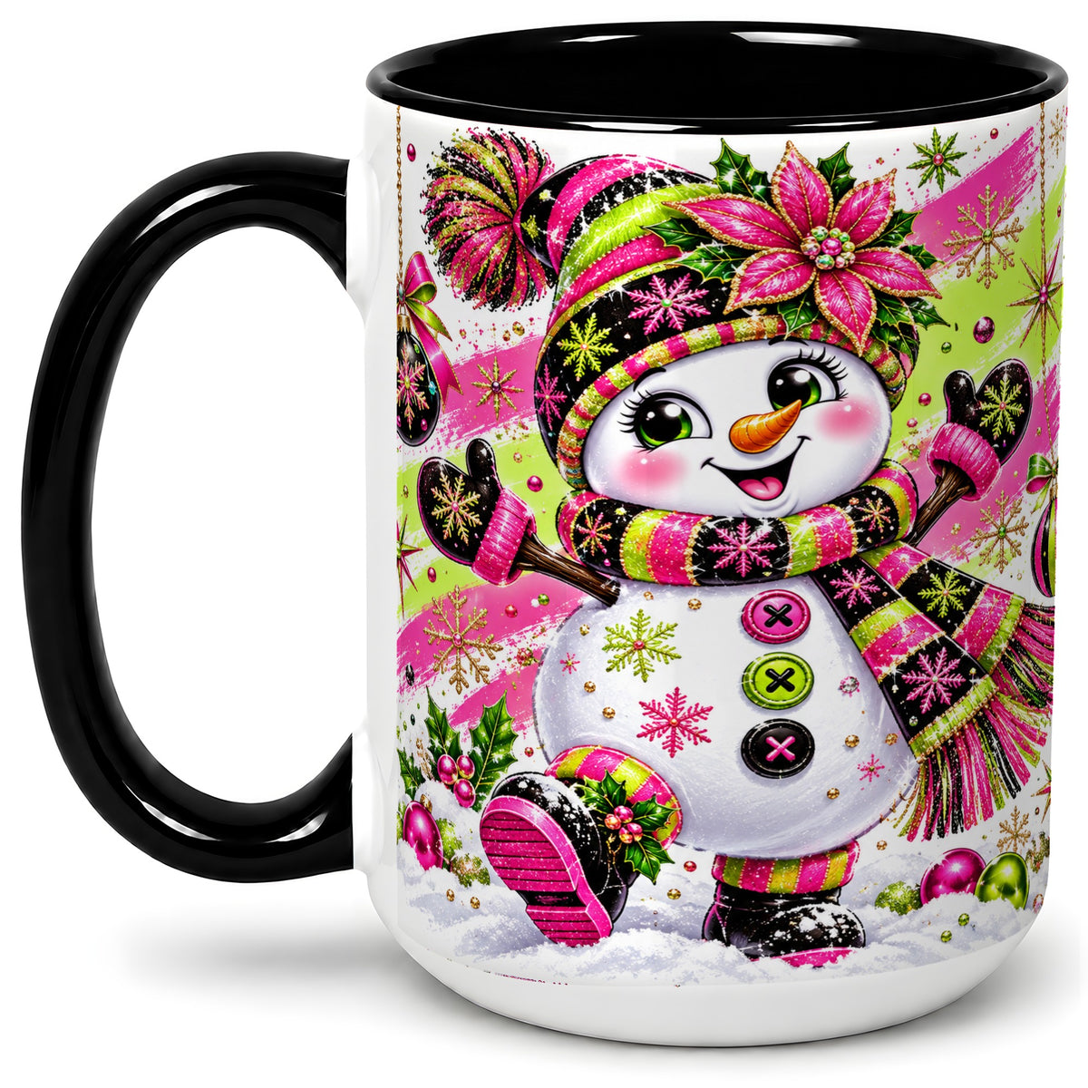 #pl[15oz|Black] Colorful Christmas Snowman Ceramic Mug, Mug with Festive Artwork