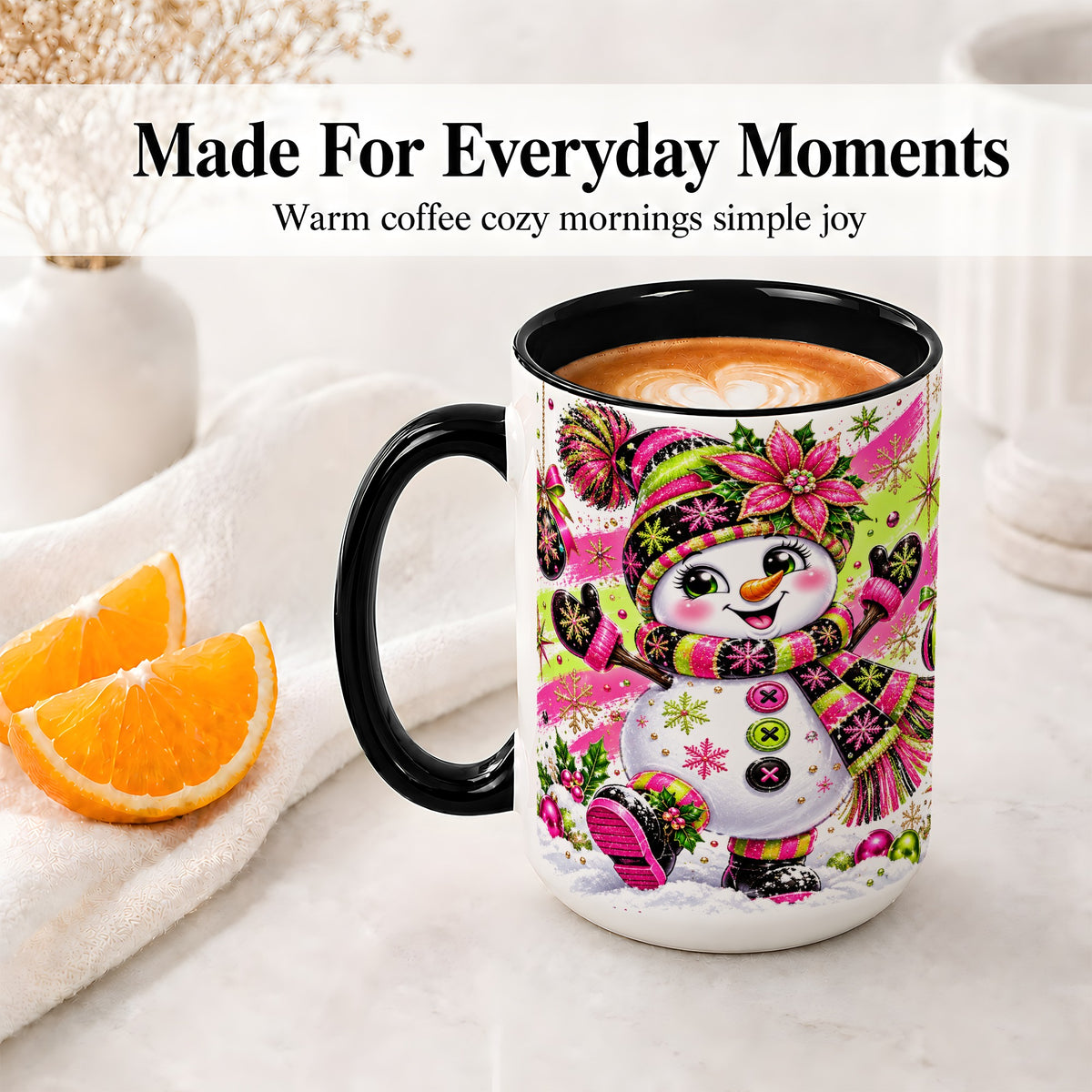 #pl[15oz|Black] Colorful Christmas Snowman Ceramic Mug, Mug with Festive Artwork