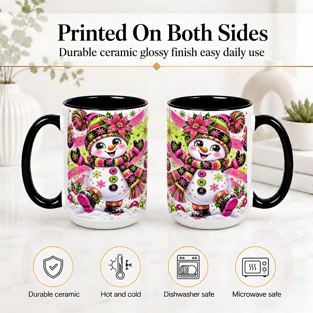 #pl[15oz|Black] Colorful Christmas Snowman Ceramic Mug, Mug with Festive Artwork