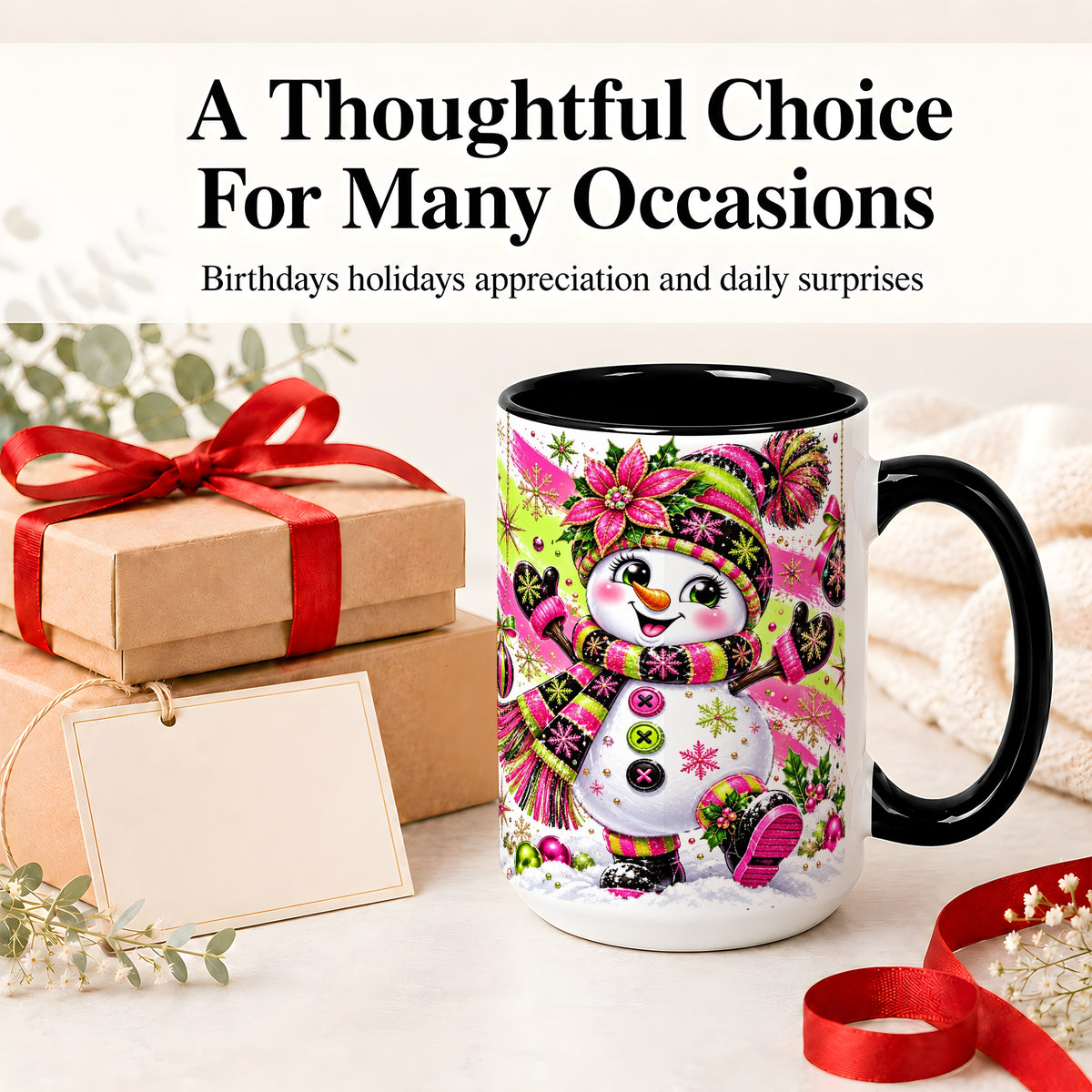 #pl[15oz|Black] Colorful Christmas Snowman Ceramic Mug, Mug with Festive Artwork