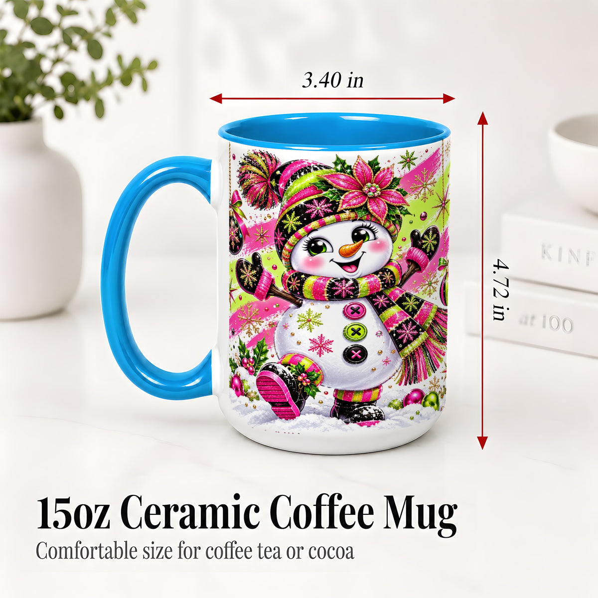 #pl[15oz|Blue] Colorful Christmas Snowman Ceramic Mug, Mug with Festive Artwork
