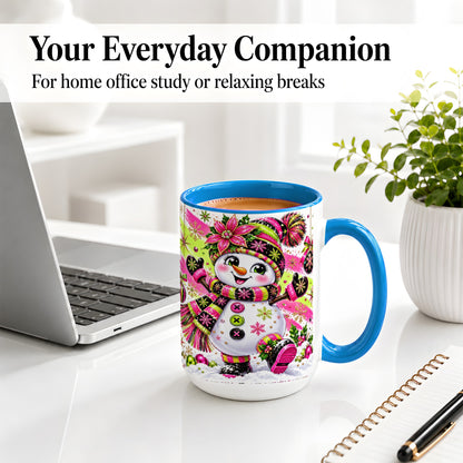#pl[15oz|Blue] Colorful Christmas Snowman Ceramic Mug, Mug with Festive Artwork