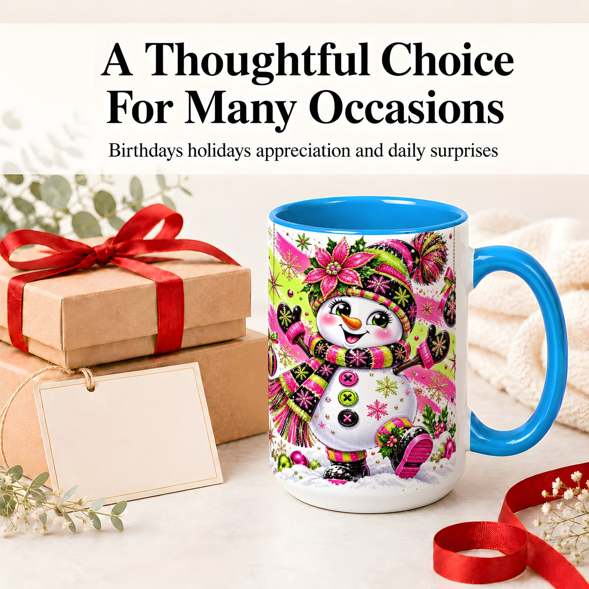 #pl[15oz|Blue] Colorful Christmas Snowman Ceramic Mug, Mug with Festive Artwork